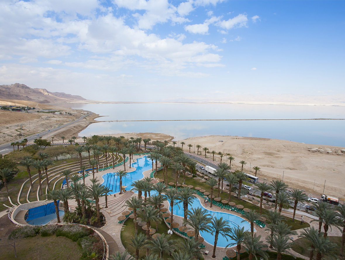 Drone view of the outdoor swimming pool at the David Hotel Dead Sea