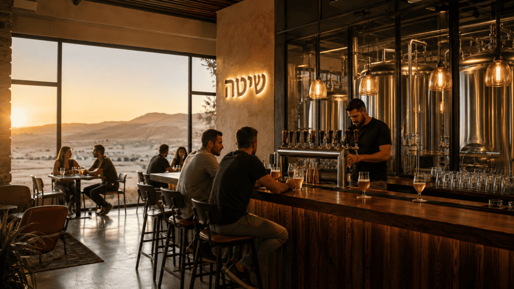 Guests at a brewery bar with beer taps and stainless steel brewing tanks.